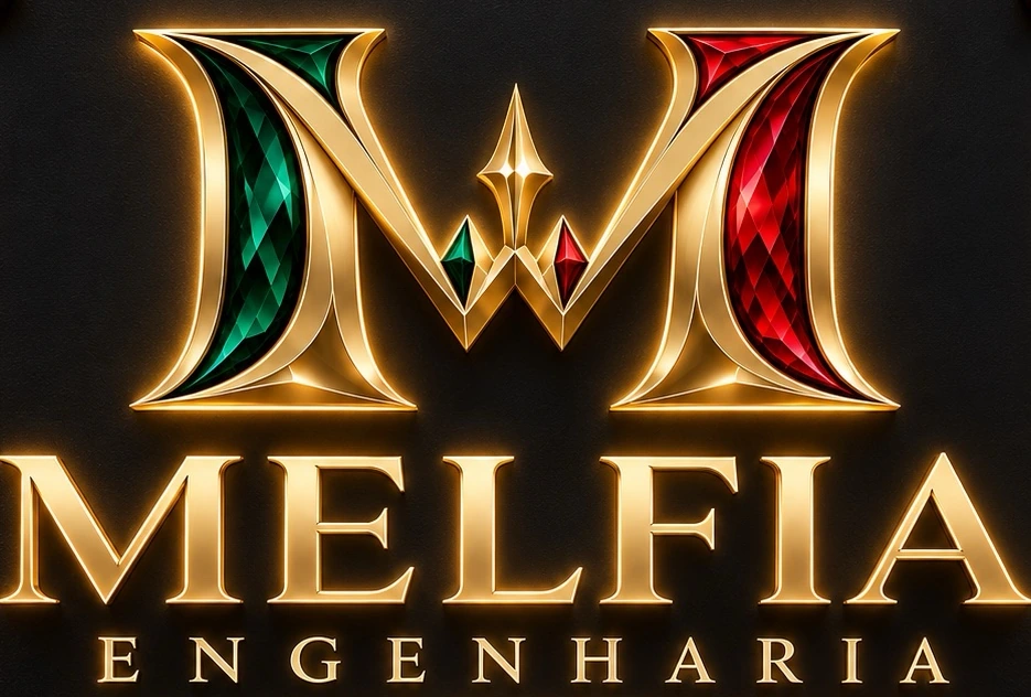 Logomarca MELFIA Engenharia: monograma dourado com esmeralda e rubi